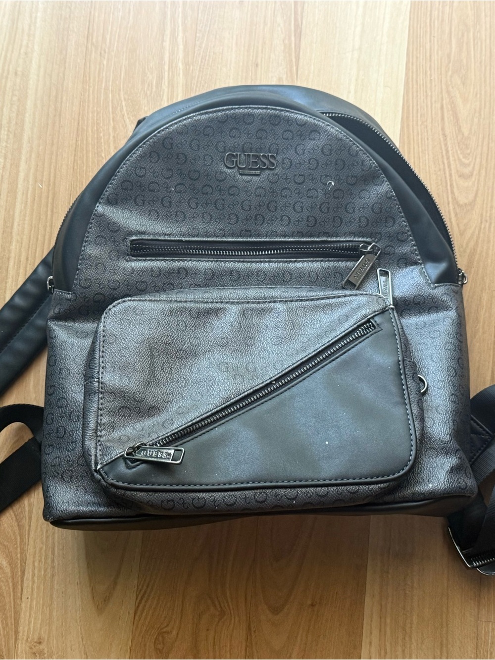 GUESS Black Monogram Logo Backpack with Front Zip Pocket